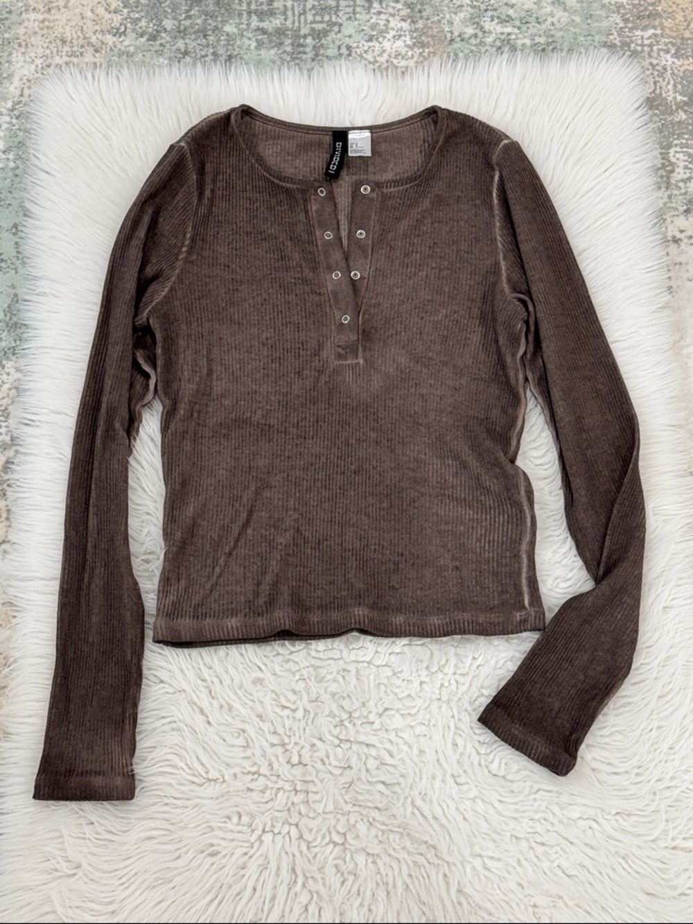 H&M Brown Ribbed Henley Long-Sleeve Top